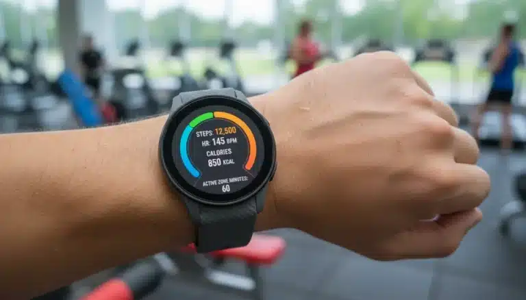 ABC Fitness Tracker 2026 on wrist displaying health data