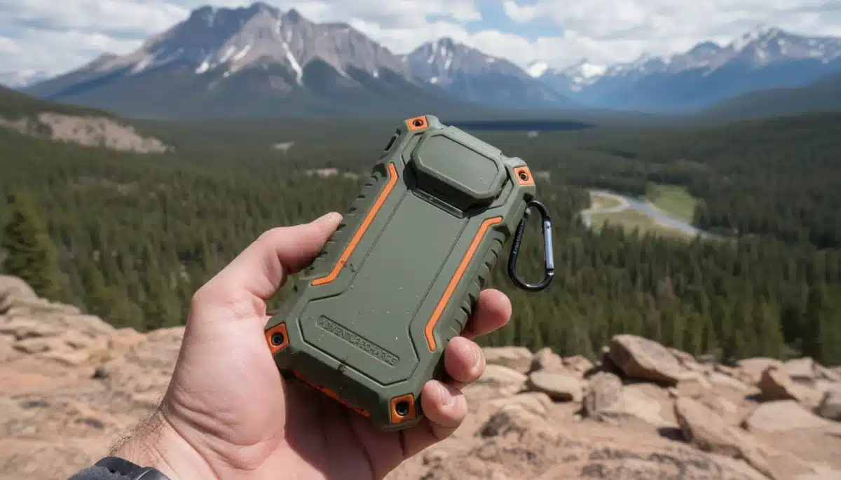 Rugged portable charger held against a national park backdrop.