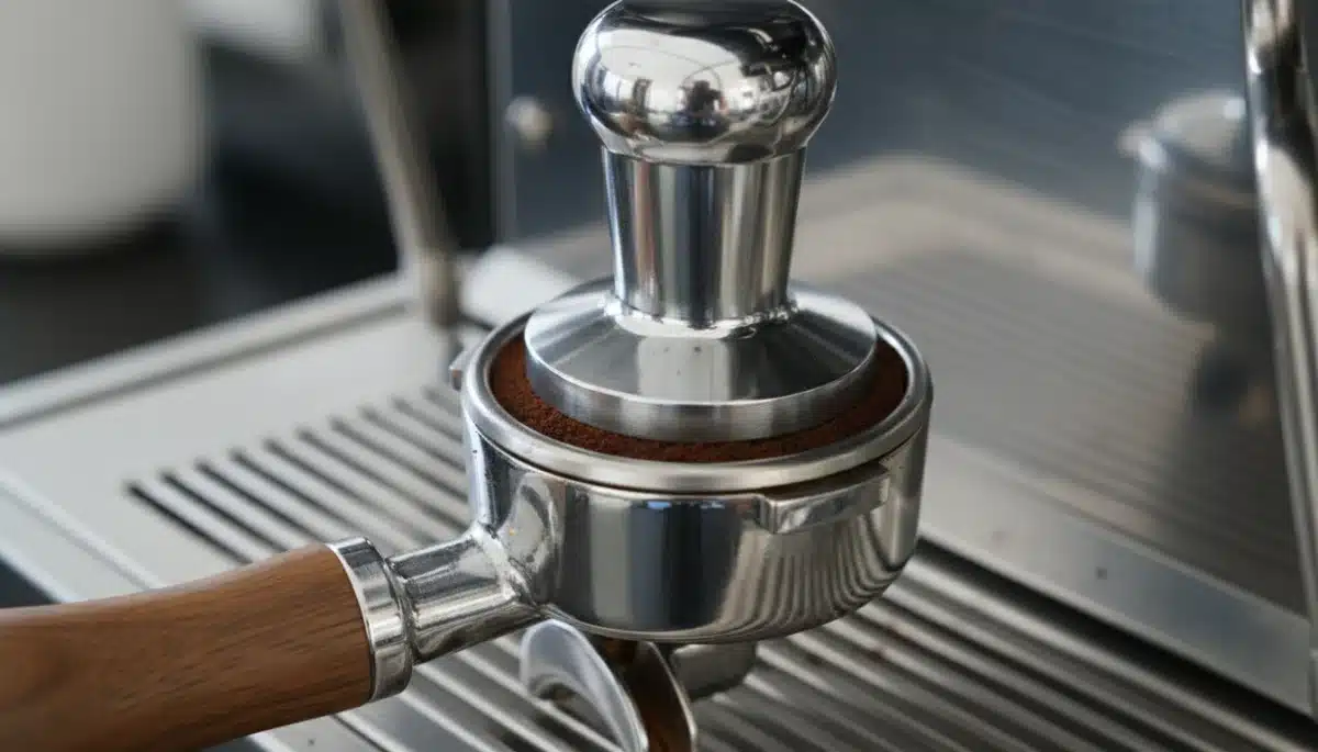 Close-up of espresso machine portafilter with ground coffee