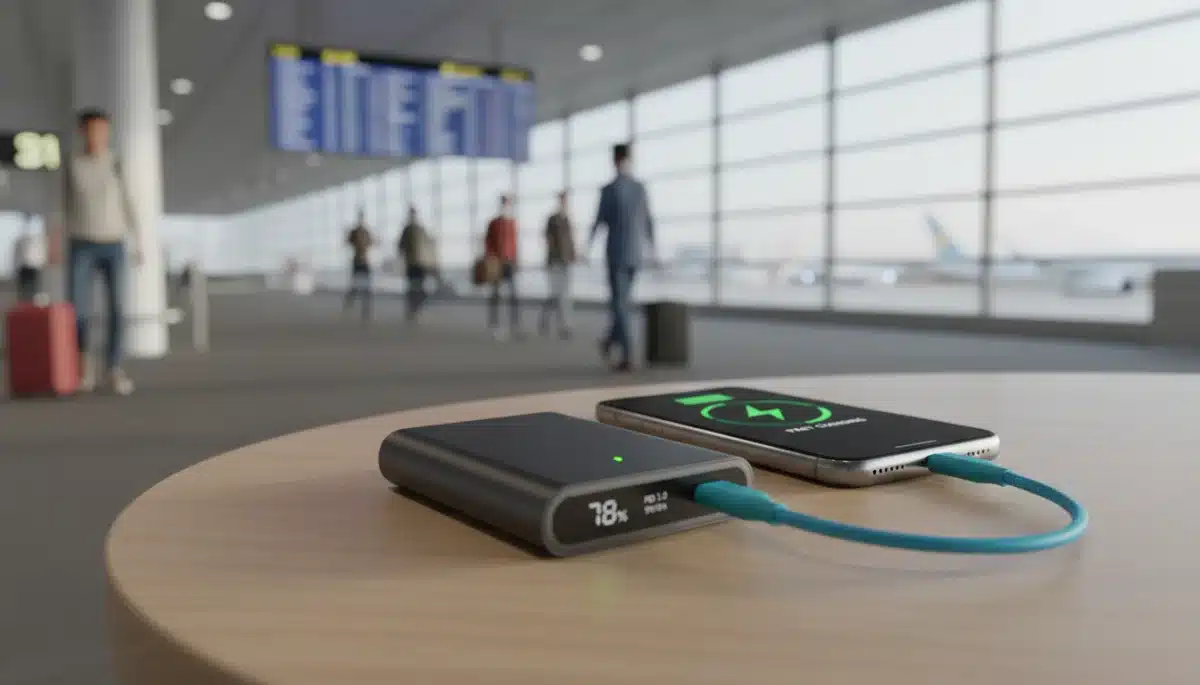 Portable charger fast charging a smartphone in an airport lounge.