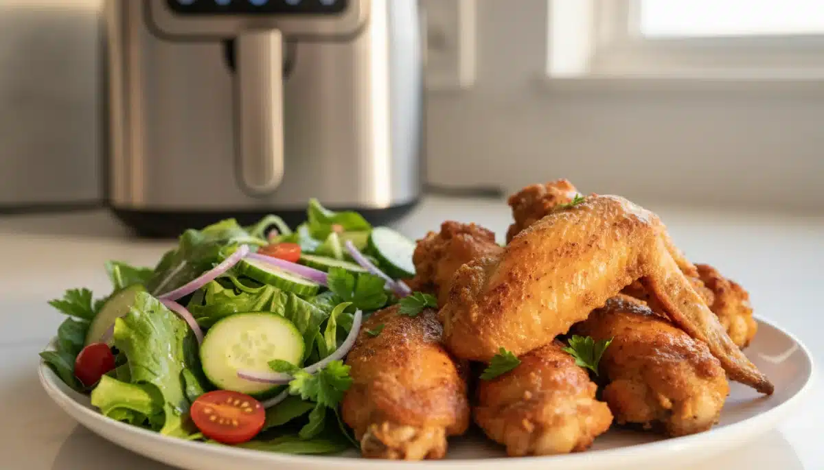 Delicious and healthy air-fried chicken wings with salad, illustrating the benefits of using the top 5 air fryers.