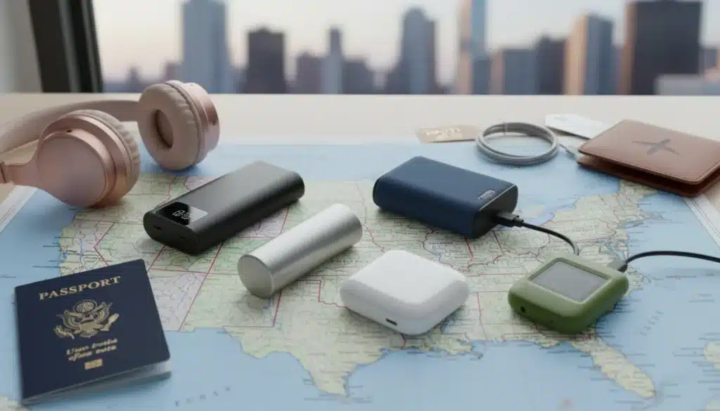 Five portable chargers on a US map, symbolizing travel power solutions.