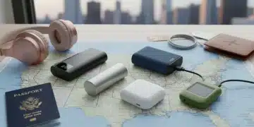 Five portable chargers on a US map, symbolizing travel power solutions.