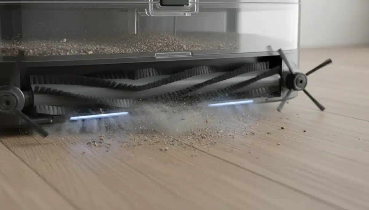 Close-up of robot vacuum brush and suction mechanism