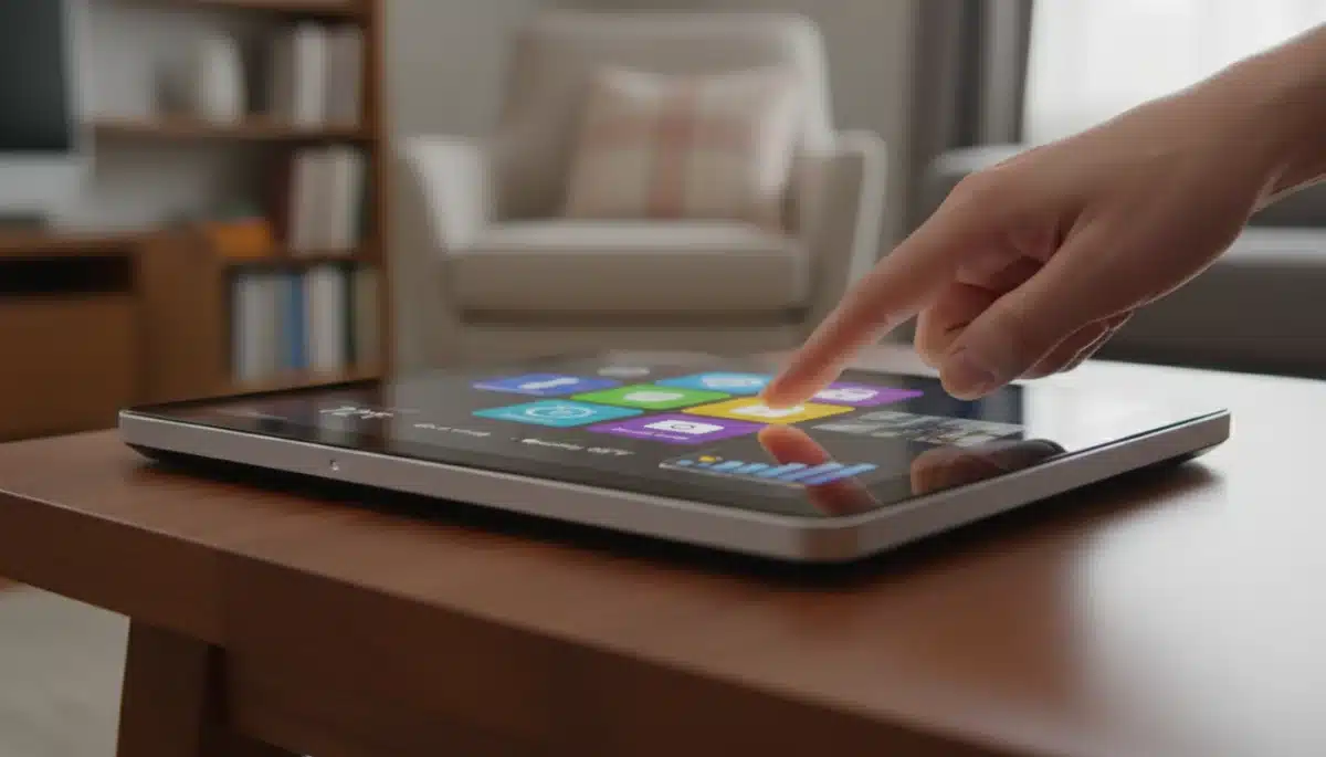 Hand operating a smart home hub touchscreen interface with device controls
