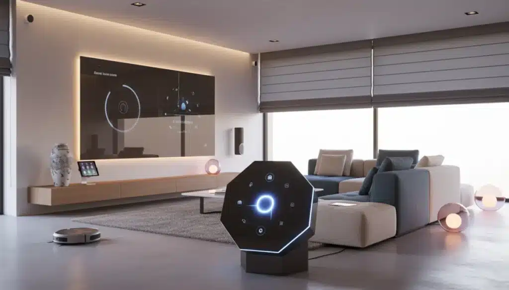 Modern living room with smart home devices and a central smart home hub