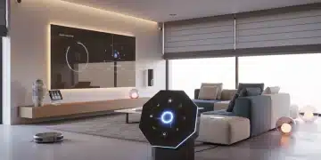 Modern living room with smart home devices and a central smart home hub
