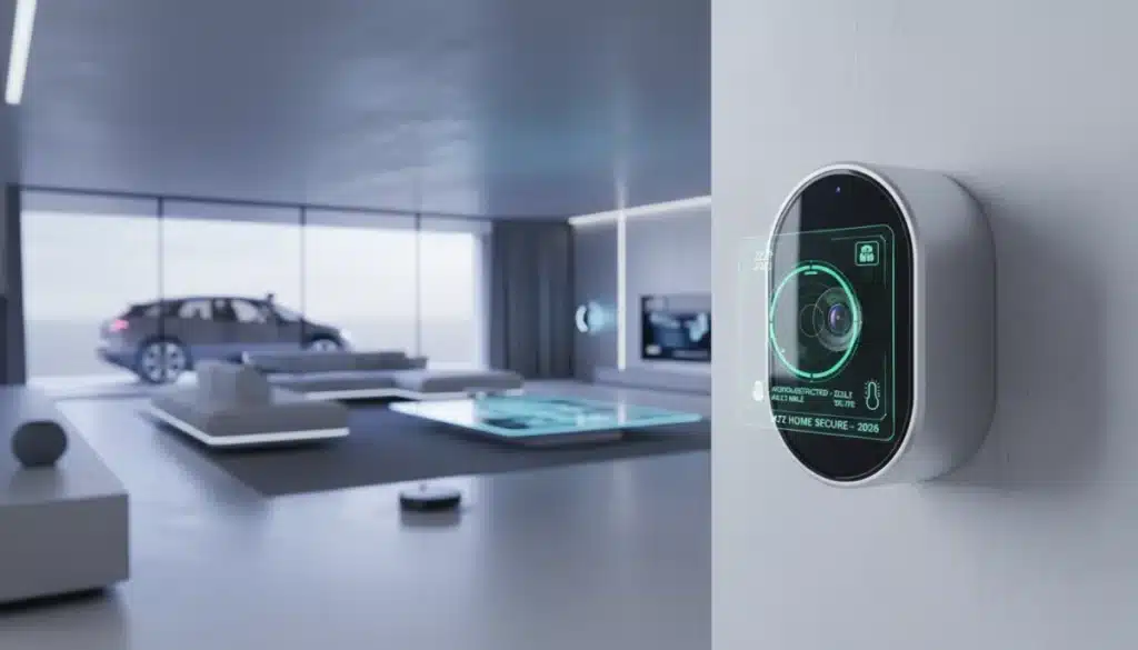 Sleek XYZ Home Security Camera monitoring a modern smart home interior.
