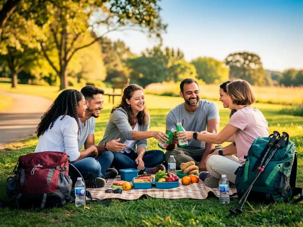Friends enjoying an outdoor picnic, symbolizing community engagement and shared, affordable experiences.