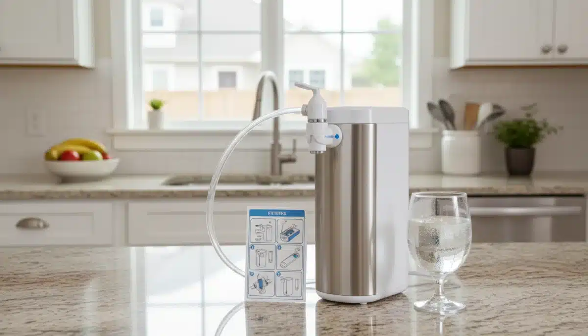 Countertop water filter system with glass of purified water, easy installation.