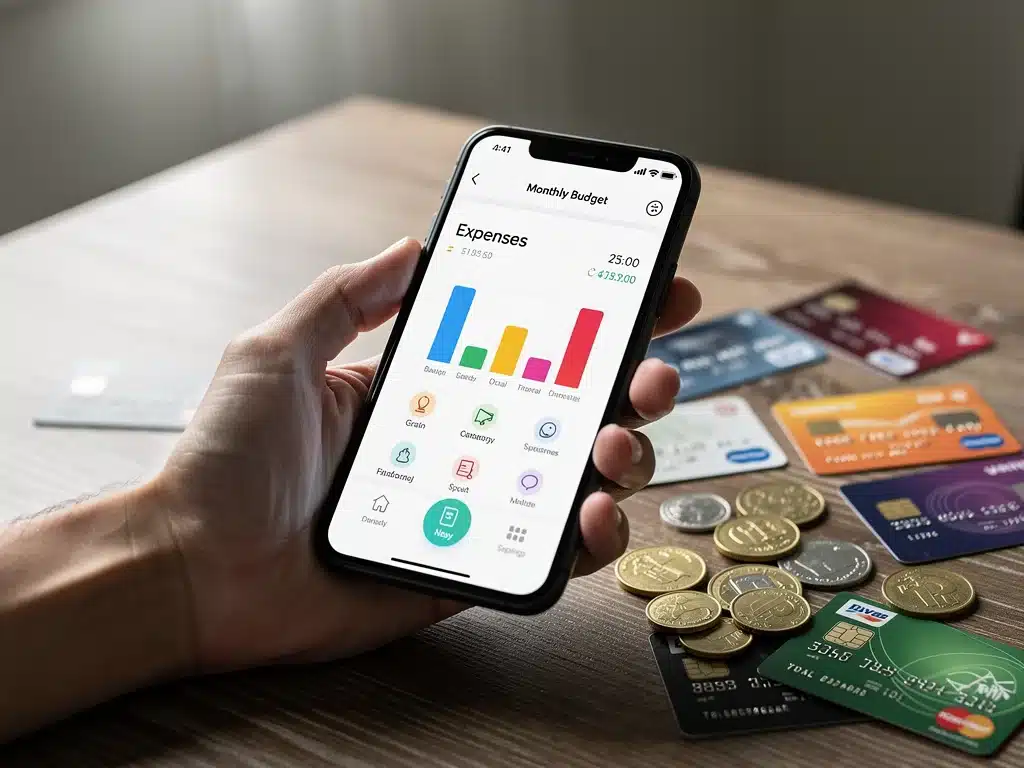 Smartphone displaying budgeting app for expense tracking