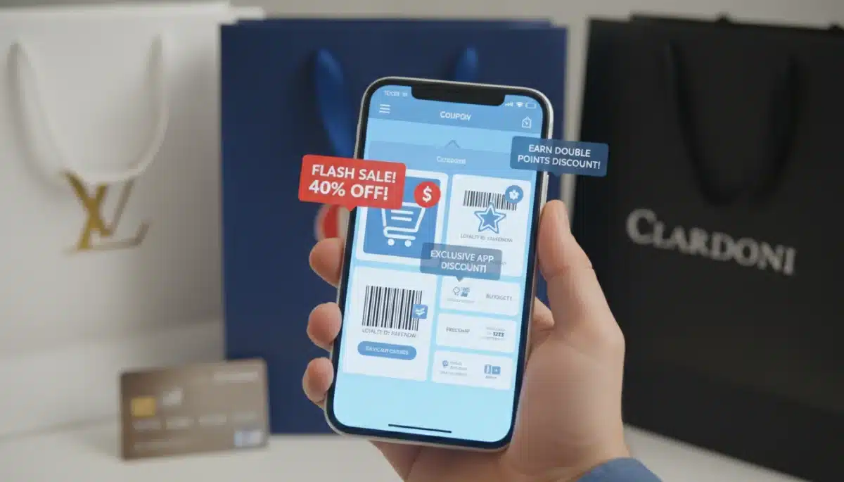 Person using smartphone for digital coupons and loyalty programs to save money