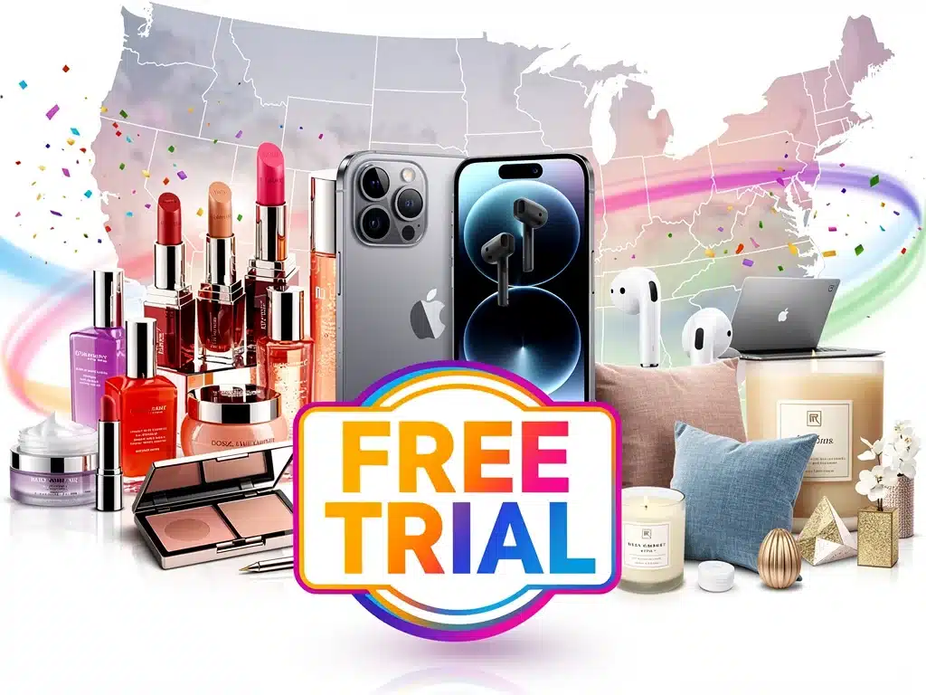Collage of free lifestyle product trials available in the US for 2026, featuring diverse items.