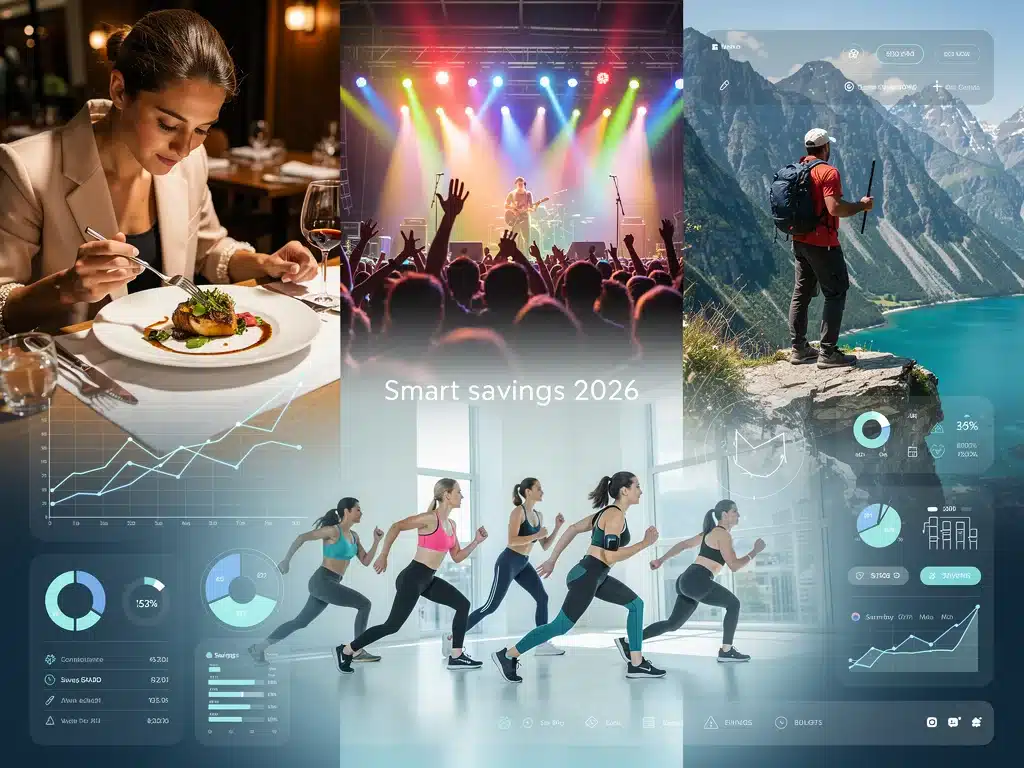 Vibrant collage showing diverse lifestyle experiences with overlaid financial graphics, representing smart savings for 2026.