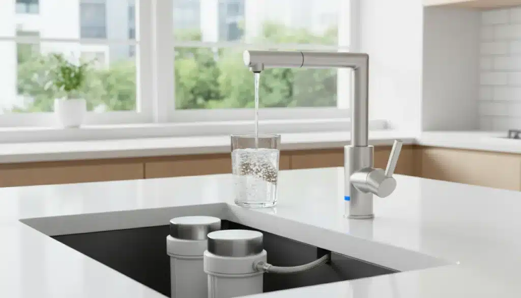 Modern kitchen with clear filtered water flowing from faucet, under-sink filter visible.