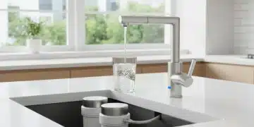 Modern kitchen with clear filtered water flowing from faucet, under-sink filter visible.