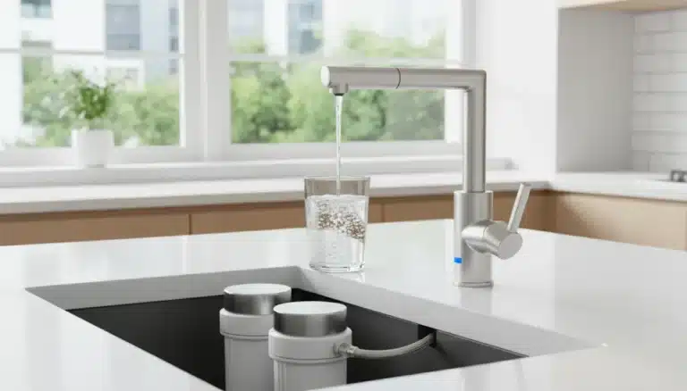 Modern kitchen with clear filtered water flowing from faucet, under-sink filter visible.