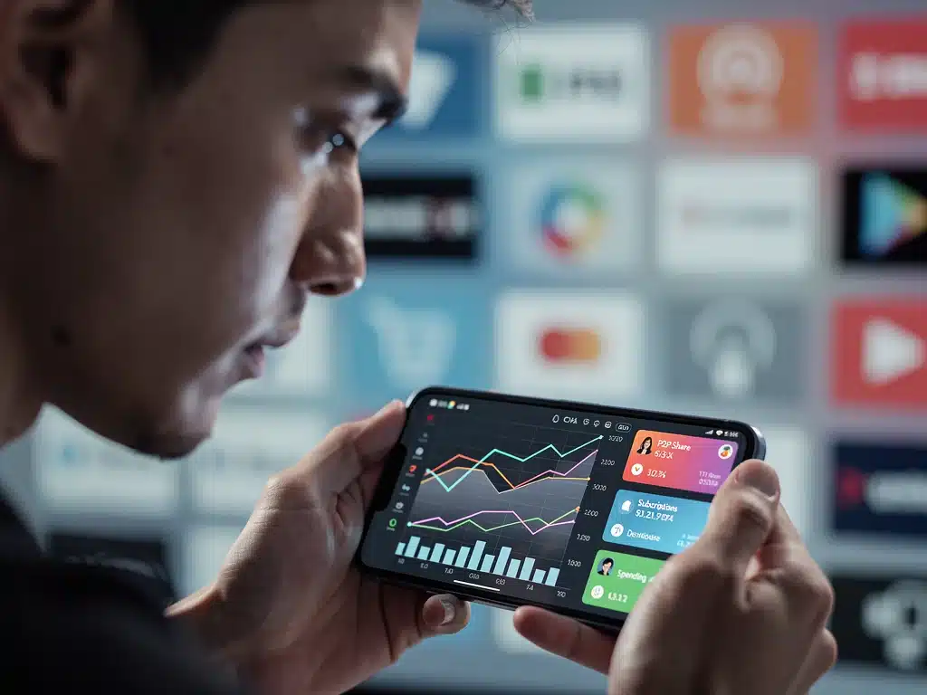 Person using a smartphone app for peer-to-peer sharing and subscription management, optimizing lifestyle spending.