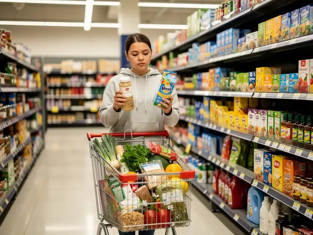 Person choosing store-brand groceries to save money
