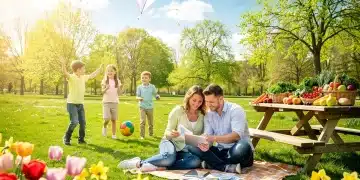 Spring savings guide with fresh produce and family enjoying outdoors