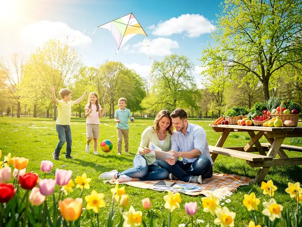 Spring savings guide with fresh produce and family enjoying outdoors