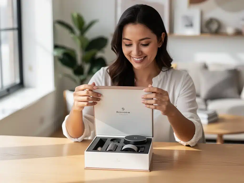 Person unboxing a free lifestyle product trial, showcasing excitement and quality.