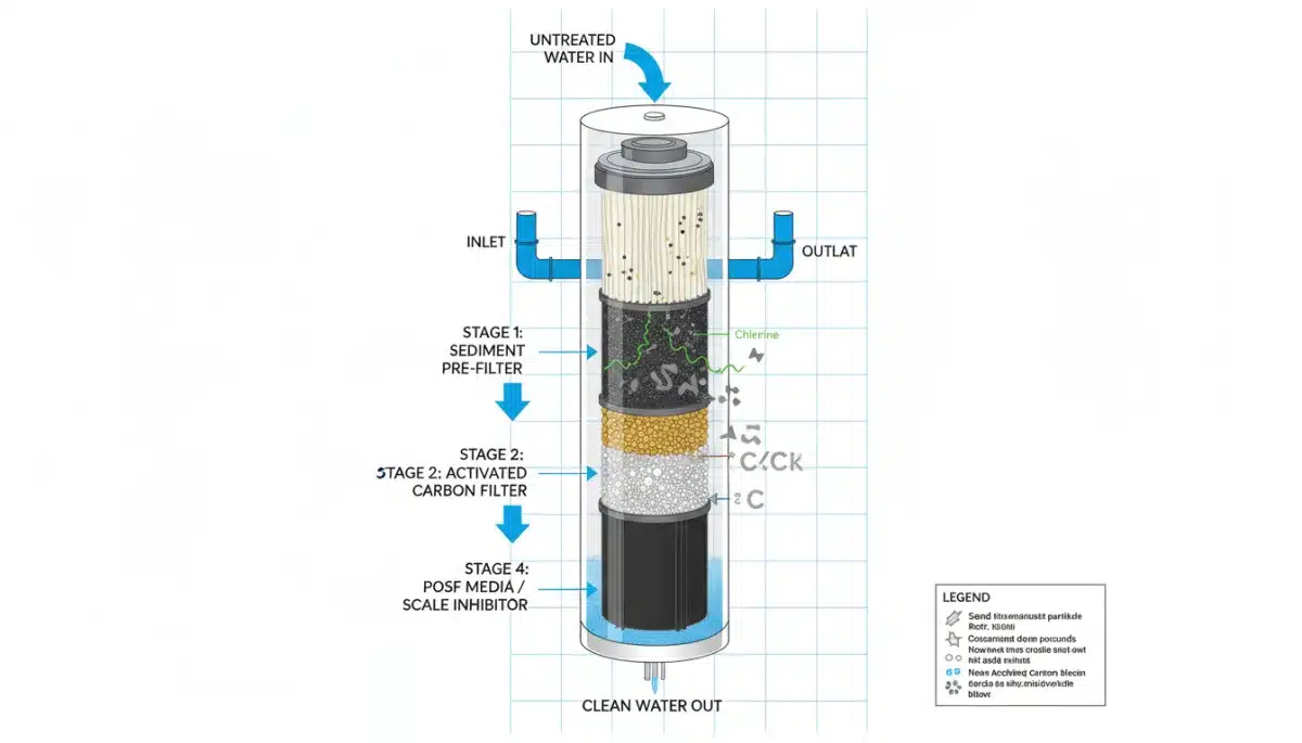 Multi-stage filtration process diagram of a whole-house water filter.