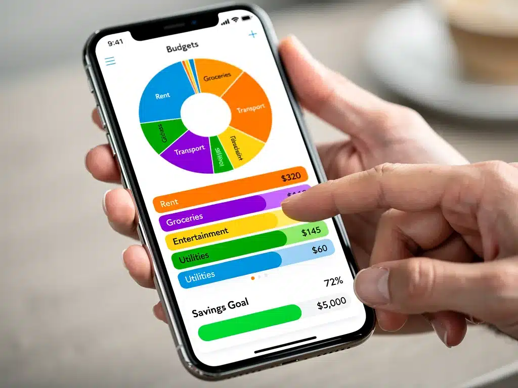 Smartphone displaying a budgeting app interface for tracking expenses and savings.