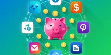 Digital apps surrounding a piggy bank, symbolizing significant lifestyle savings.