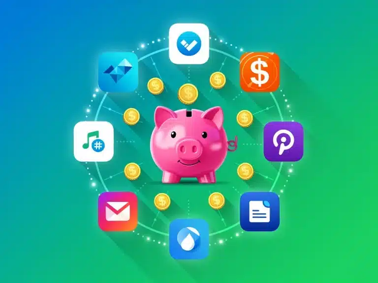 Digital apps surrounding a piggy bank, symbolizing significant lifestyle savings.