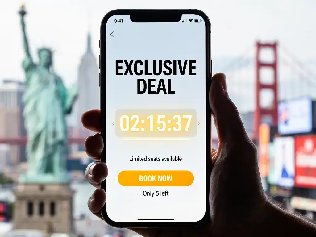 Smartphone showing a limited-time travel deal with a countdown, US landmarks in background.
