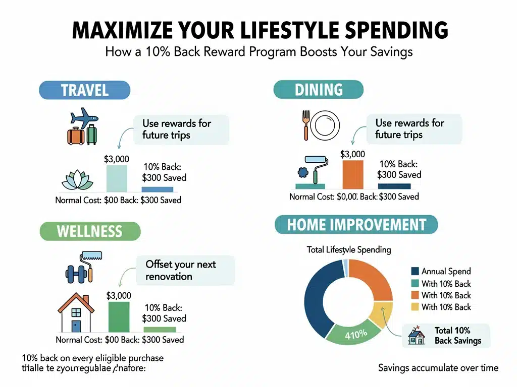 Infographic detailing 10% cash back categories for lifestyle spending, illustrating financial benefits.