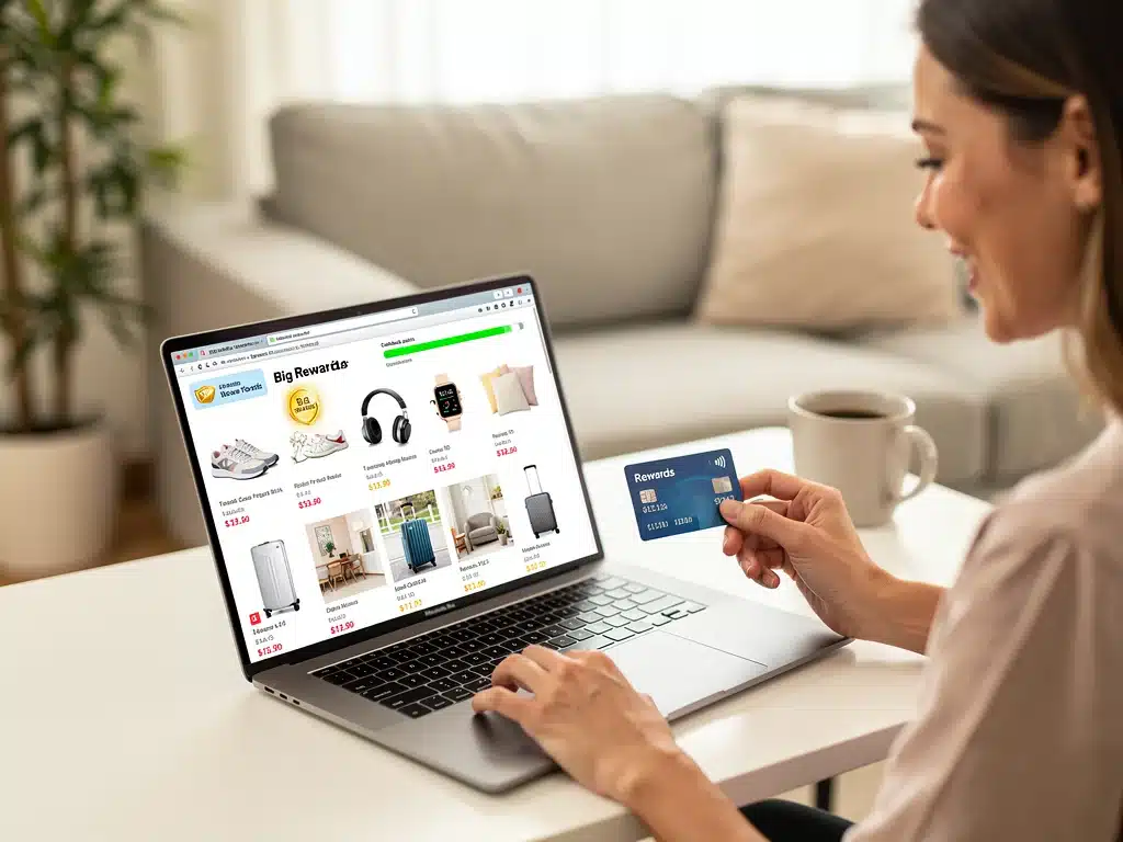 Woman shopping online with a credit card, emphasizing rewards on lifestyle purchases.