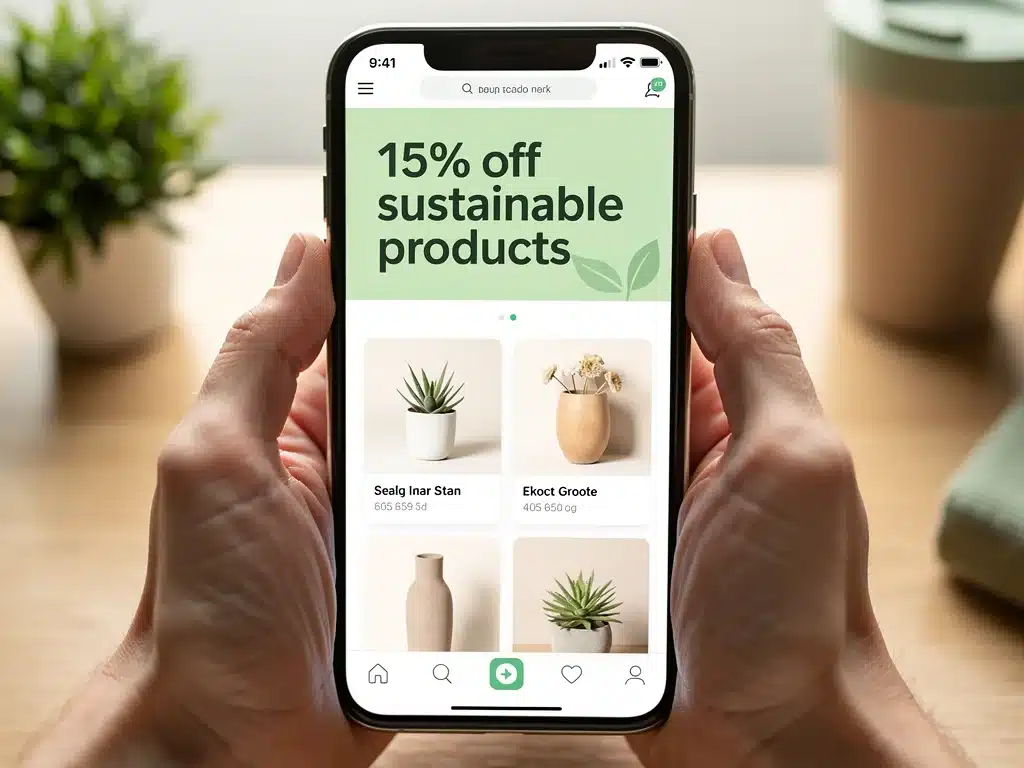 Smartphone showing 15% off sustainable products online.