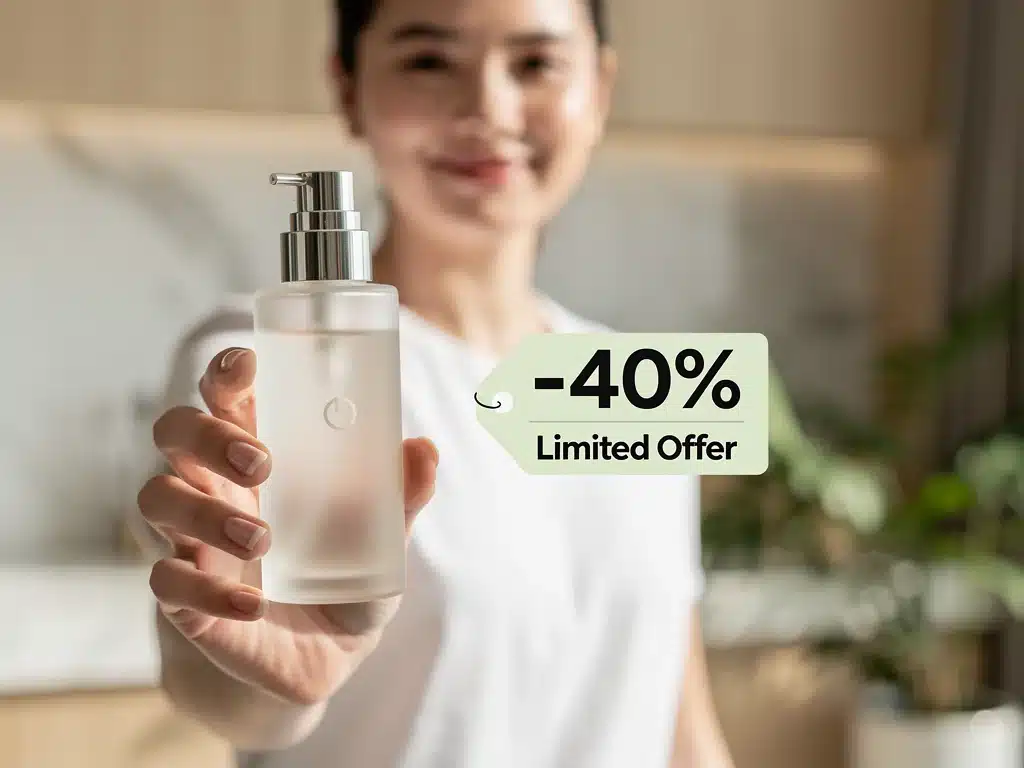 Person holding a discounted premium wellness product in a modern setting.