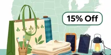 Illustration of sustainable lifestyle products with 15% off tag in the US.