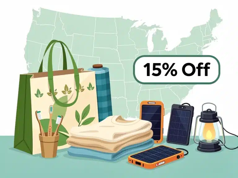Illustration of sustainable lifestyle products with 15% off tag in the US.