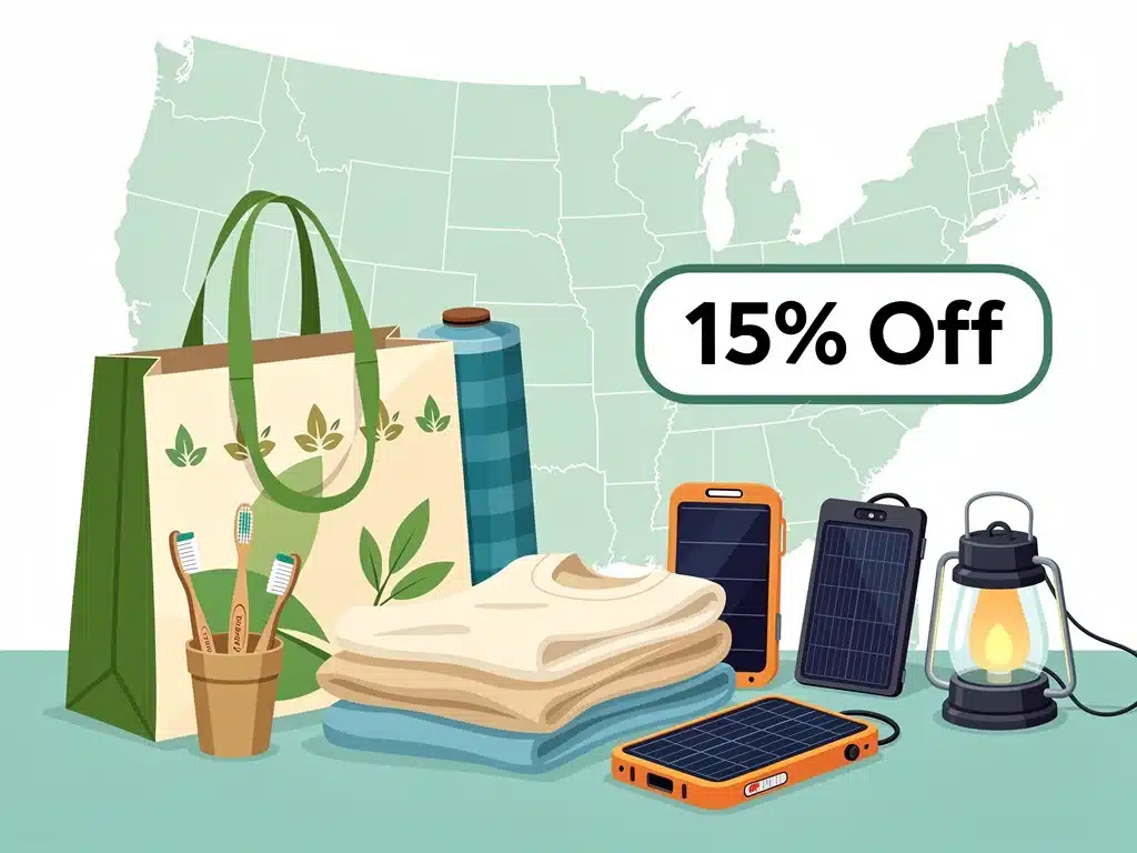Illustration of sustainable lifestyle products with 15% off tag in the US.