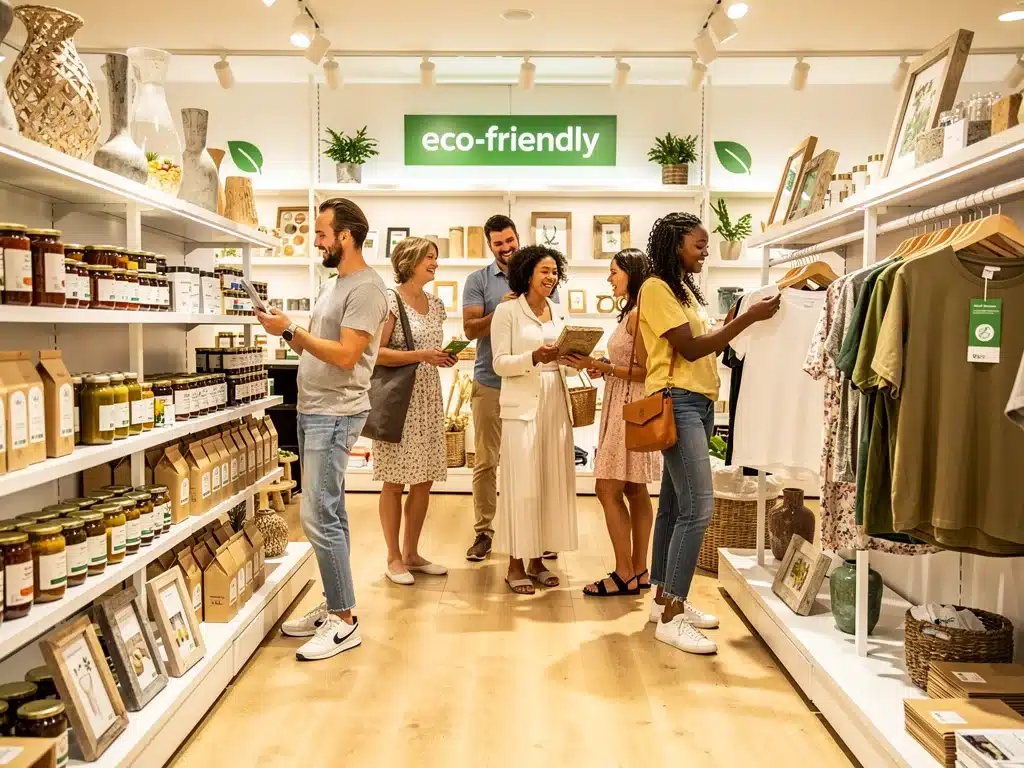 Shoppers exploring a sustainable products section in a store.