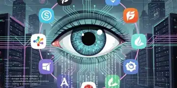 Stylized eye surrounded by tech logos representing data privacy changes. Tech Giants Privacy Policy