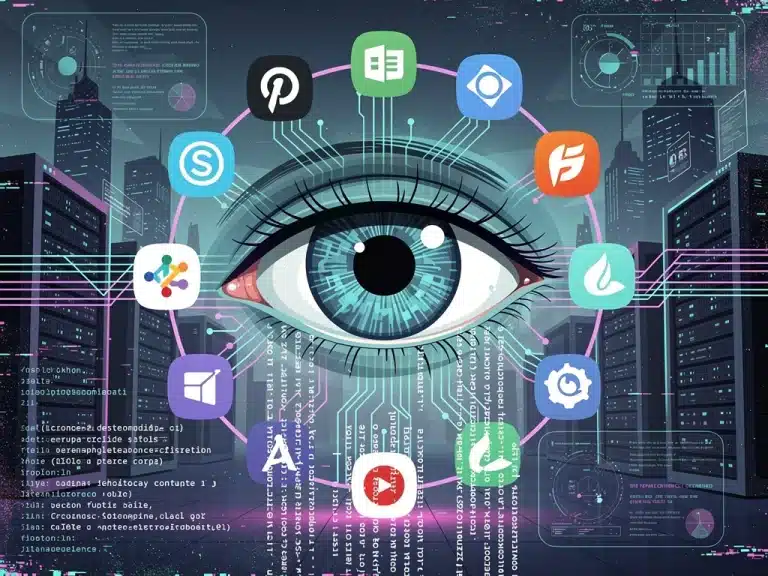 Stylized eye surrounded by tech logos representing data privacy changes. Tech Giants Privacy Policy