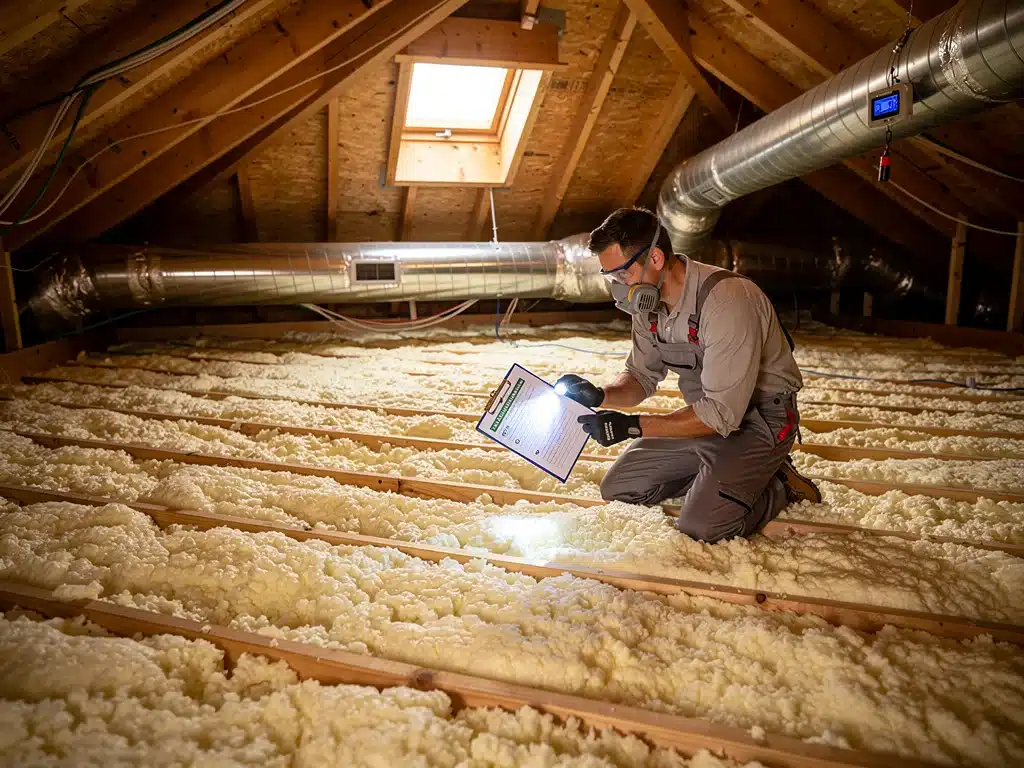 Technician inspecting newly installed attic insulation for energy efficiency.