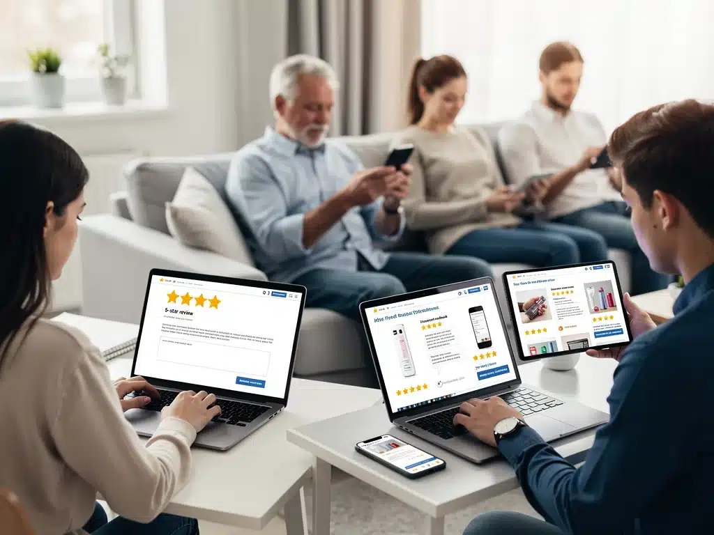 Diverse consumers engaging with online reviews on various devices