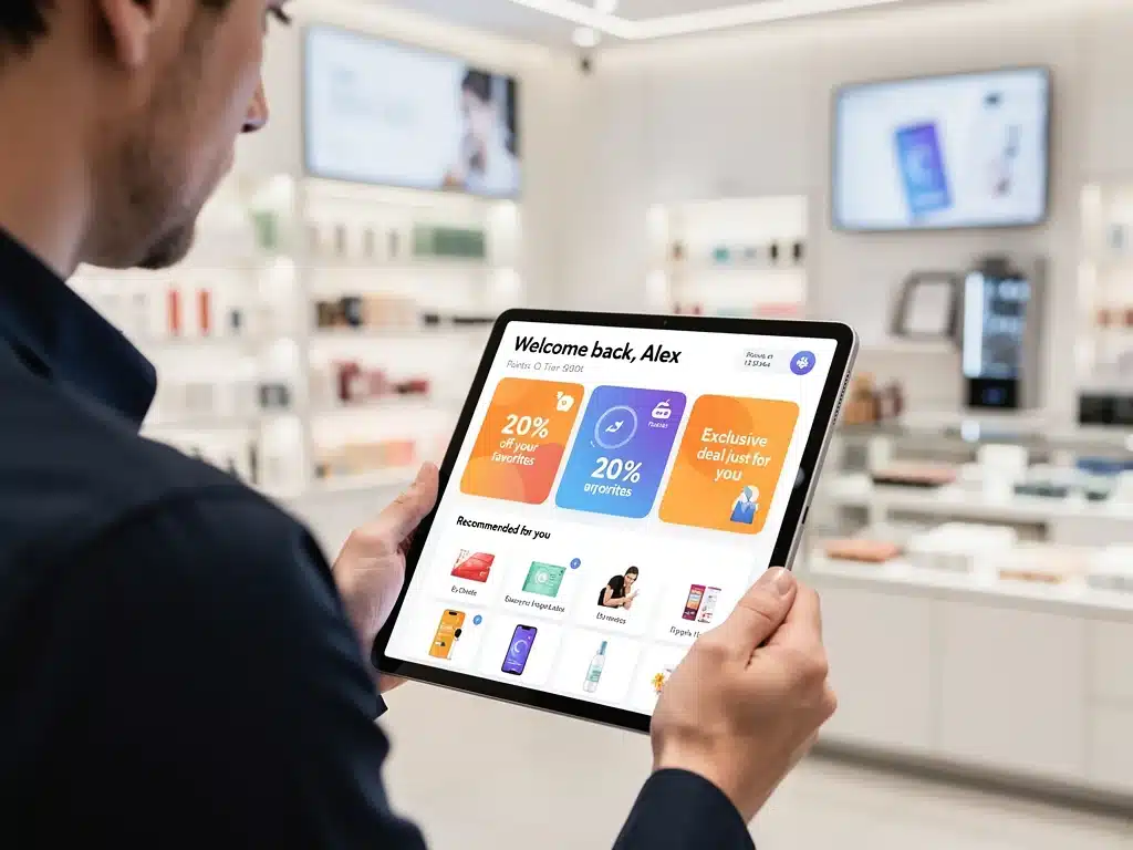 Customer engaging with personalized loyalty program on tablet