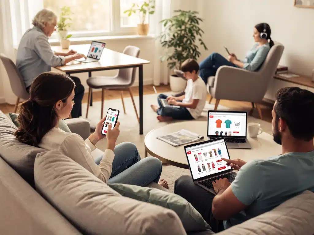 Consumers engaging in online shopping across multiple digital platforms, reflecting evolving retail trends