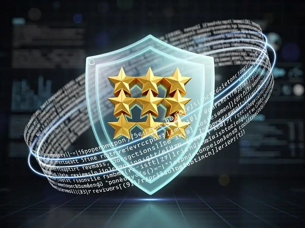 Digital shield protecting online review stars, representing enhanced security