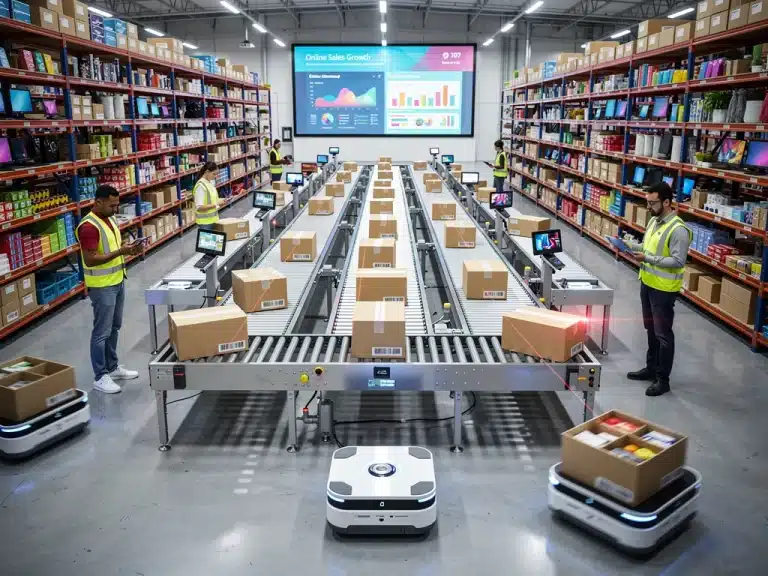 Automated e-commerce fulfillment center processing online orders, illustrating retail industry growth