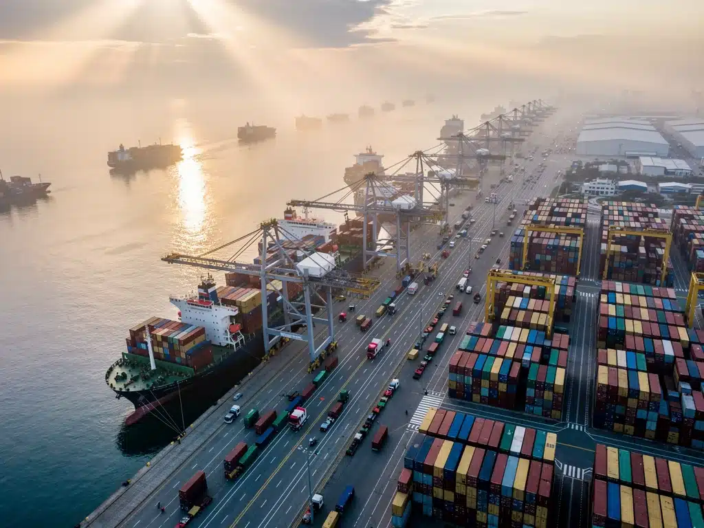 Bustling port activity symbolizing renewed efficiency and stabilization in global trade and logistics.