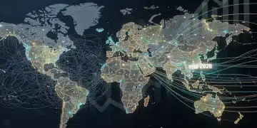 Global supply chain network stabilizing by mid-2026, showing improved flow and economic recovery.