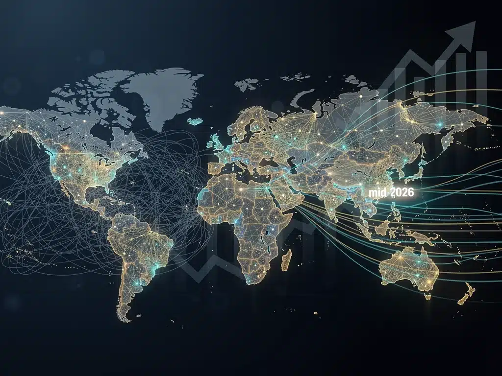 Global supply chain network stabilizing by mid-2026, showing improved flow and economic recovery.